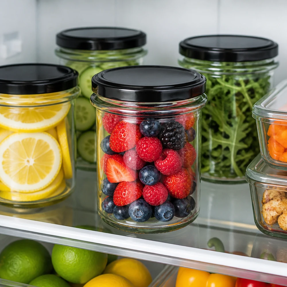 214 ml rond glas + BasicSeal-deksel, zwart, UNiTWIST Compacte ronde UNiTWIST-glazen pot van 214 ml met zwarte schroefdeksel, ideaal om producten vers te houden in de koelkast