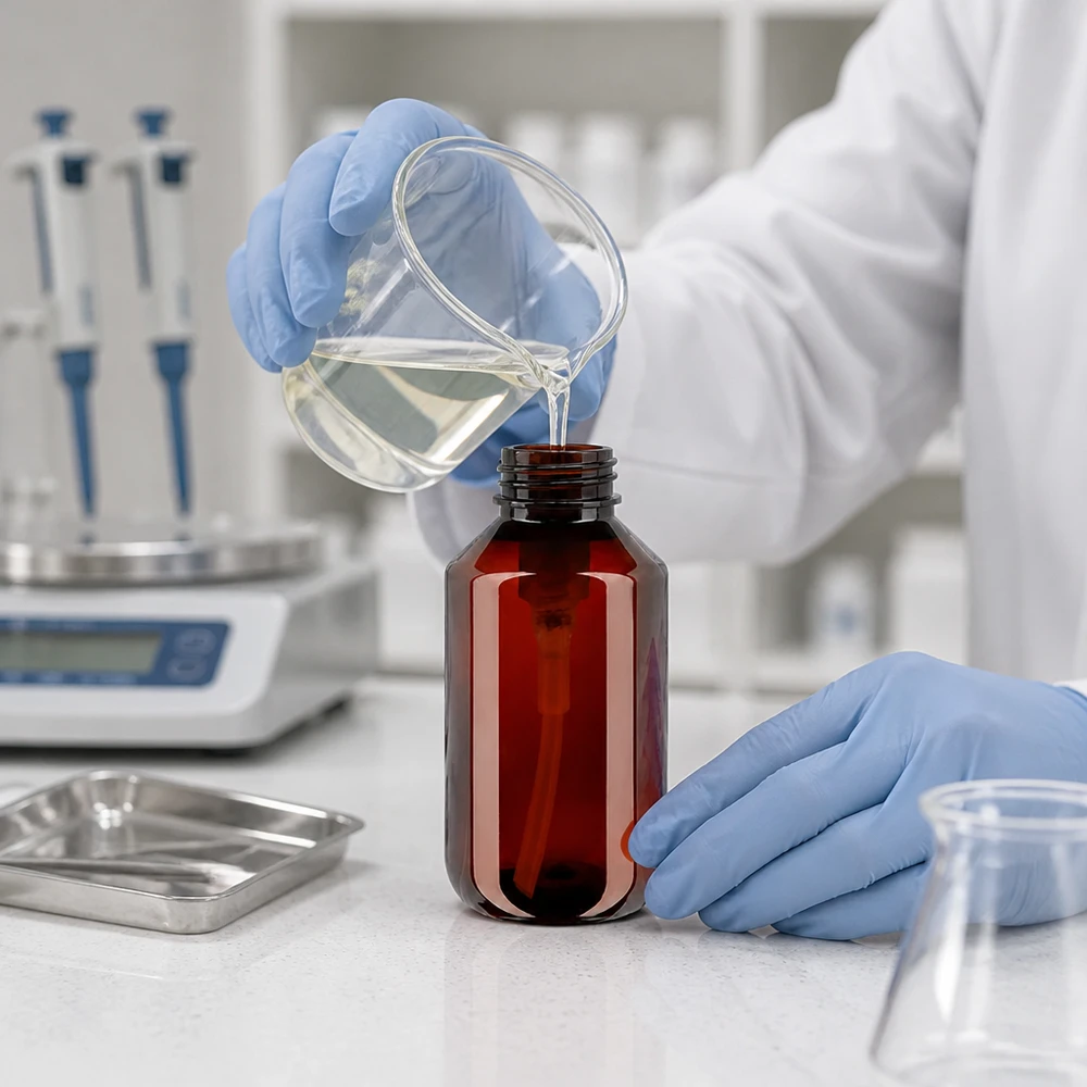 100 ml PET medicijnfles met wit dispenserpomp, standaard Braune PET Kunststoffflasche 100ml mit weisser Dosierpumpe im professionellen Einsatz