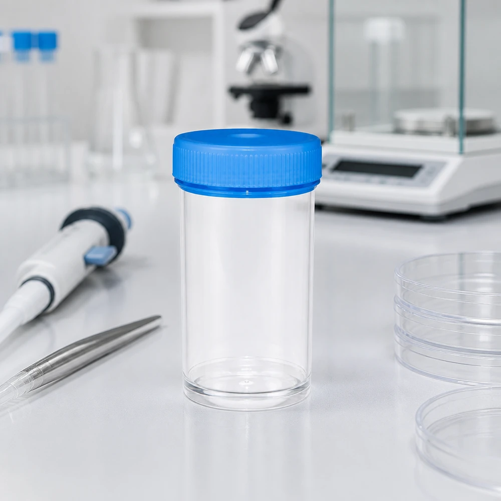 Universele plastic pot (pathovat) 50ml Steriele universele bus van 50 ml met petrischalen en laboratoriumbenodigdheden op een wit werkblad