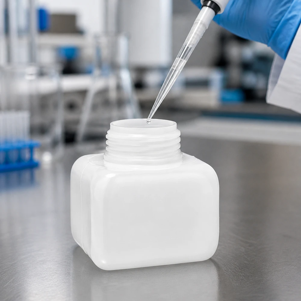 Chemicaliefles 250 ml, vierkant, PE-HD, ruimtebesparend, stapelbaar, voor laboratoriumgebruik