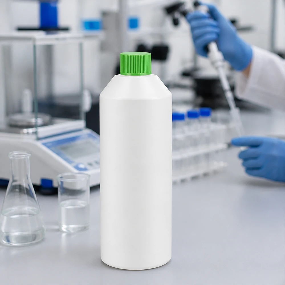 Cilindrische HDPE-laboratoriumfles van 250 ml, wit met groene schroefdop, zonder etiket
