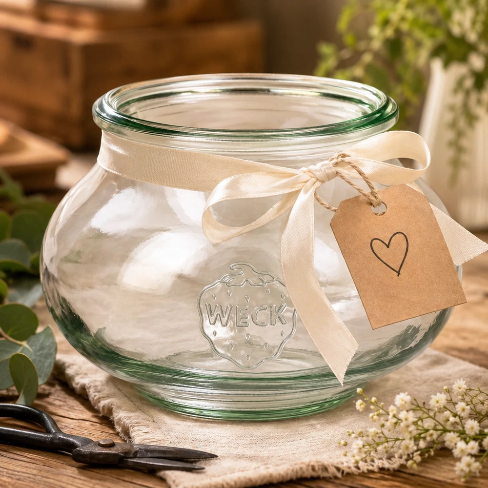 560 ml sierglas WECK RR80 WECK decoratieve pot 560ml RR80 decoratief gerangschikt met crèmekleurig lint en hartenhanger op houten tafel