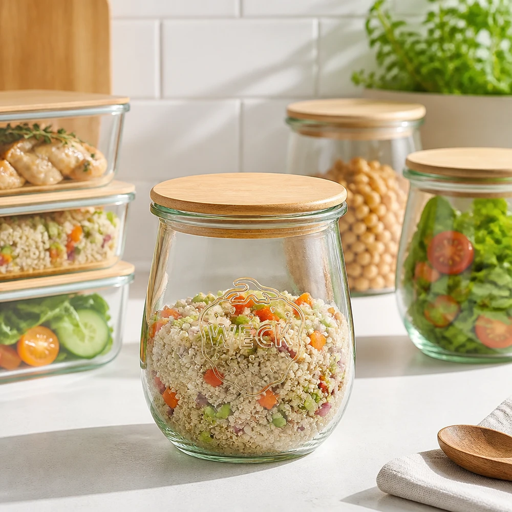 220ml tulpenglas WECK RR60 met hout deksel WECK tulp pot 220ml RR60 houten deksel voor Meal Prep - voorraad pot met quinoa groente salade in een moderne keuken