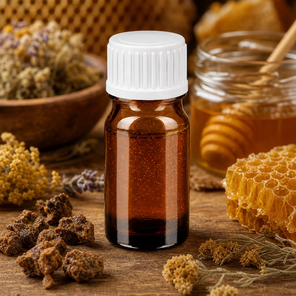 Hoogwaardige 5ml druppelflacon van UV-beschermend amberkleurig glas met kindveilige witte dop