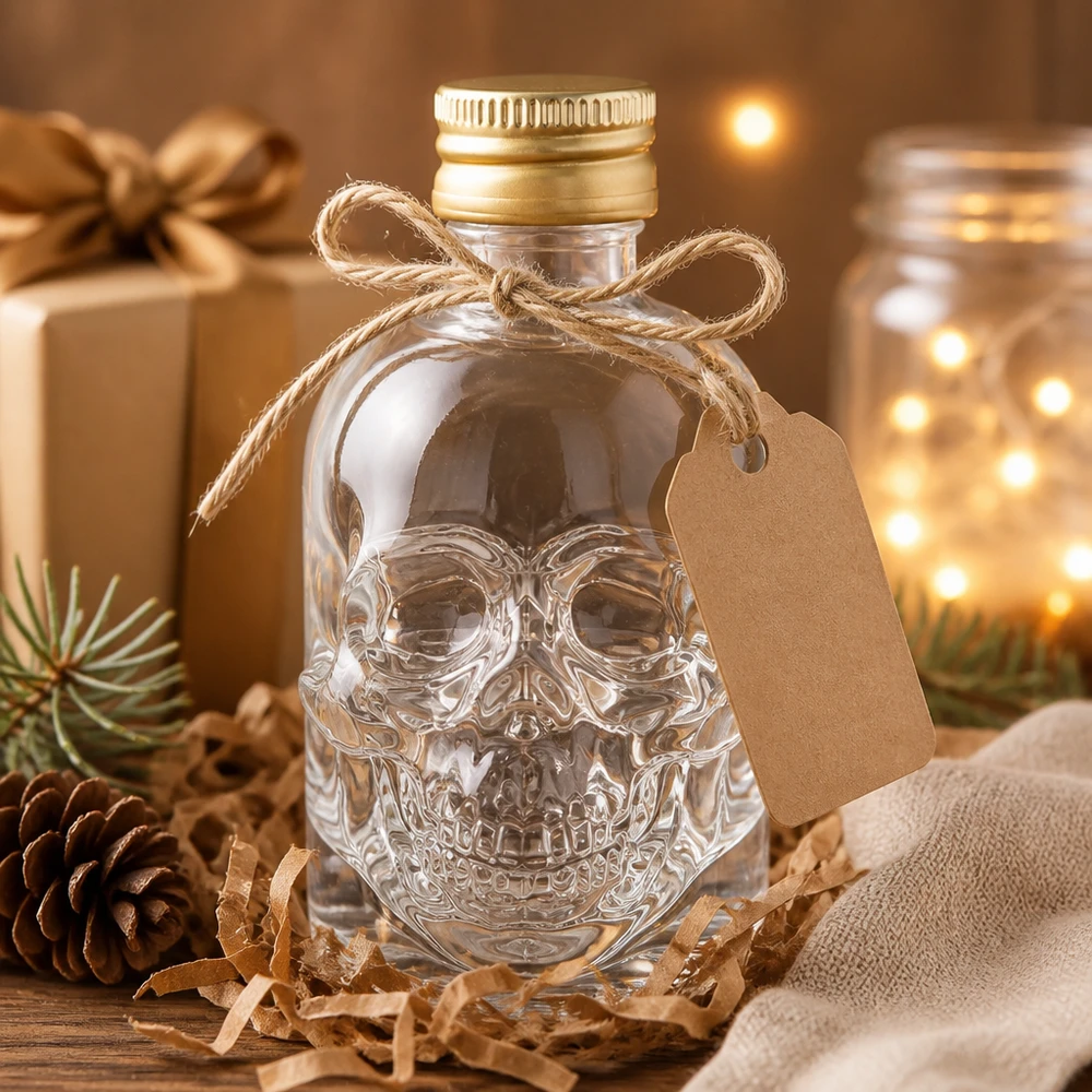 50ml glazen fles Hector schedel leeg met geschenkverpakking knutselpapier hanger in gezellige kerstdecoratie