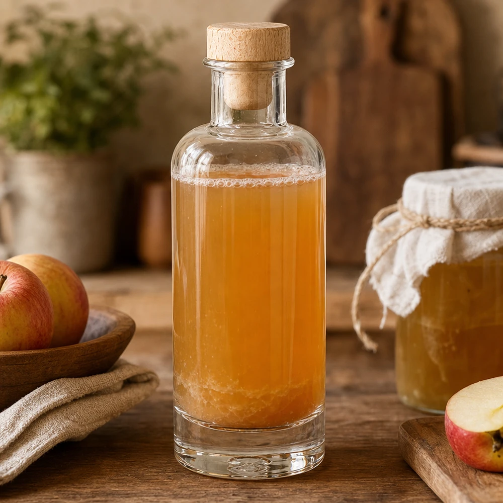 200ml glazen fles Ella met houten kurk gevuld met appelazijn naast verse appels en honingpot in rustieke keuken
