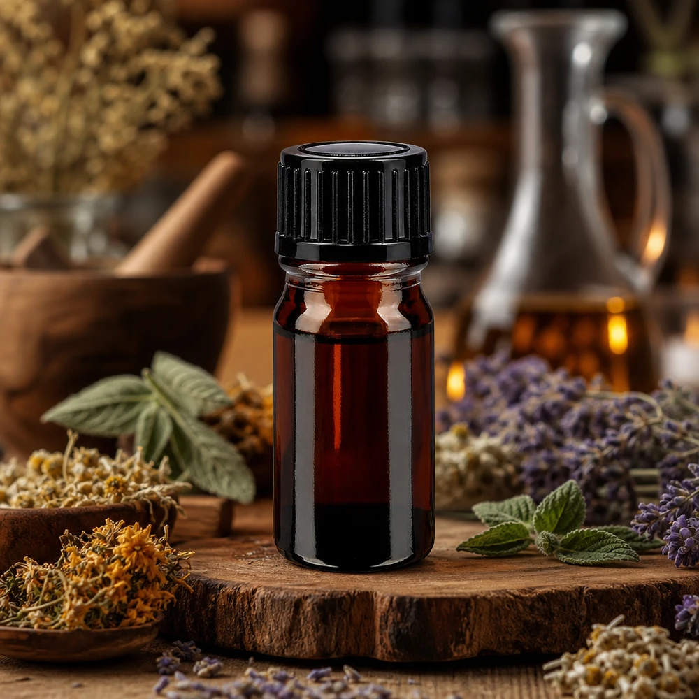 Bruine glazen fles 5ml met zwart schroefsluiting St Een bruine apothekersfles van 5 ml naast een vijzel met gedroogde bloemen en een glazen karaf op een houten ondergrond