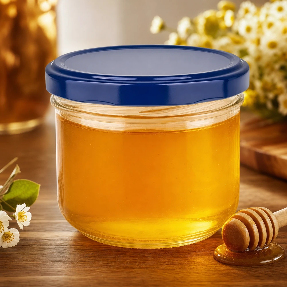 260ml bekers met BasicSeal deksel blauw/wit UNiTWIST 260 ml mason jar met blauw BasicSeal deksel gevuld met honing - ideale twist-off pot voor jam en smeersels