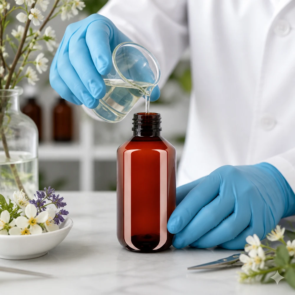 50 ml PET medicijnfles met verstuiver zwart GCMI 28/410 incl. dop transparant, standaard Het vullen van een bruine PET-fles van 100 ml met een bekerglas naast bloemen en plantenextracten