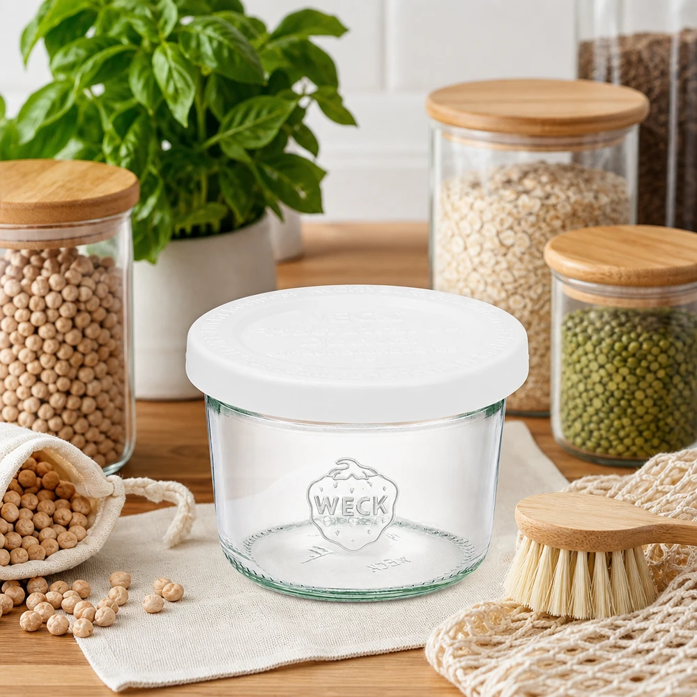 WECK 80ml RR60 bekers in duurzame keuken met bewaarpotten voor peulvruchten en zero-waste keukengerei op hout