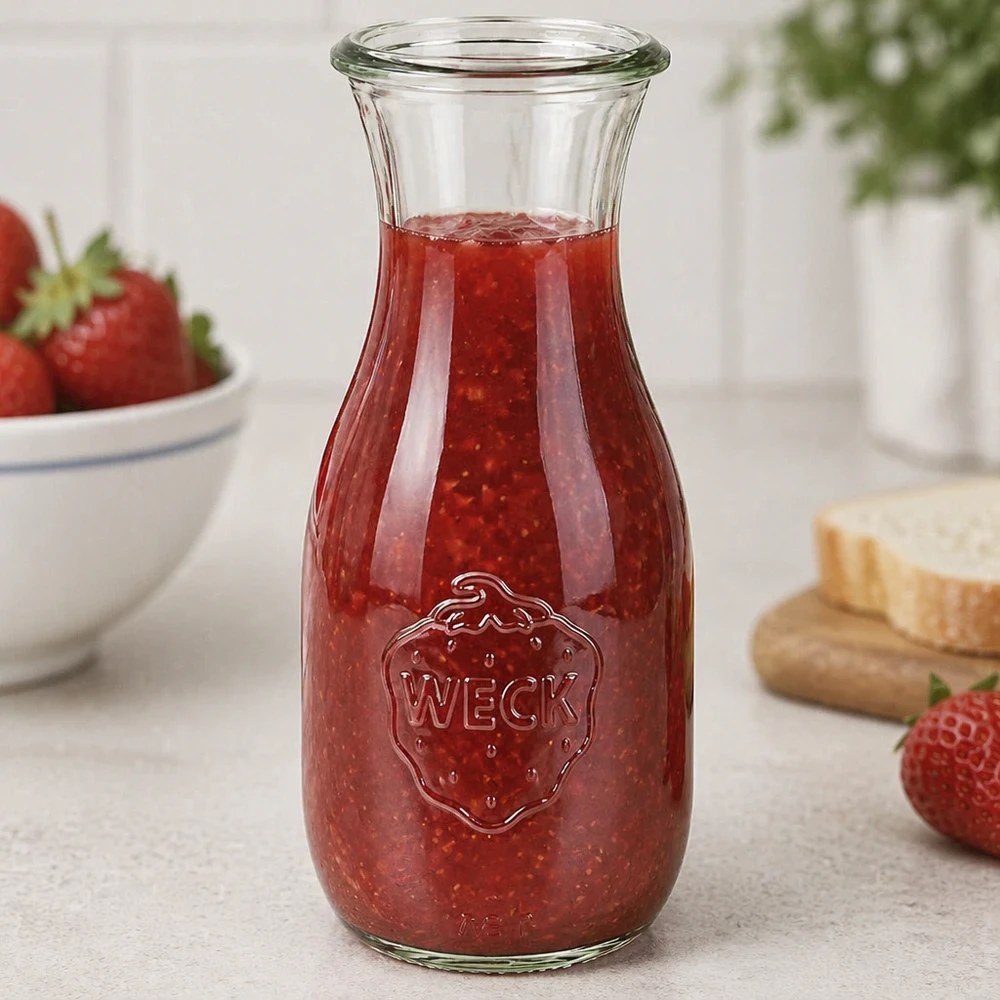 WECK RR60 sapfles van 530 ml WECK Saftflasche 530ml RR60 mit rotem Erdbeermus gefüllt neben frischen Erdbeeren und Brot in heller Küche