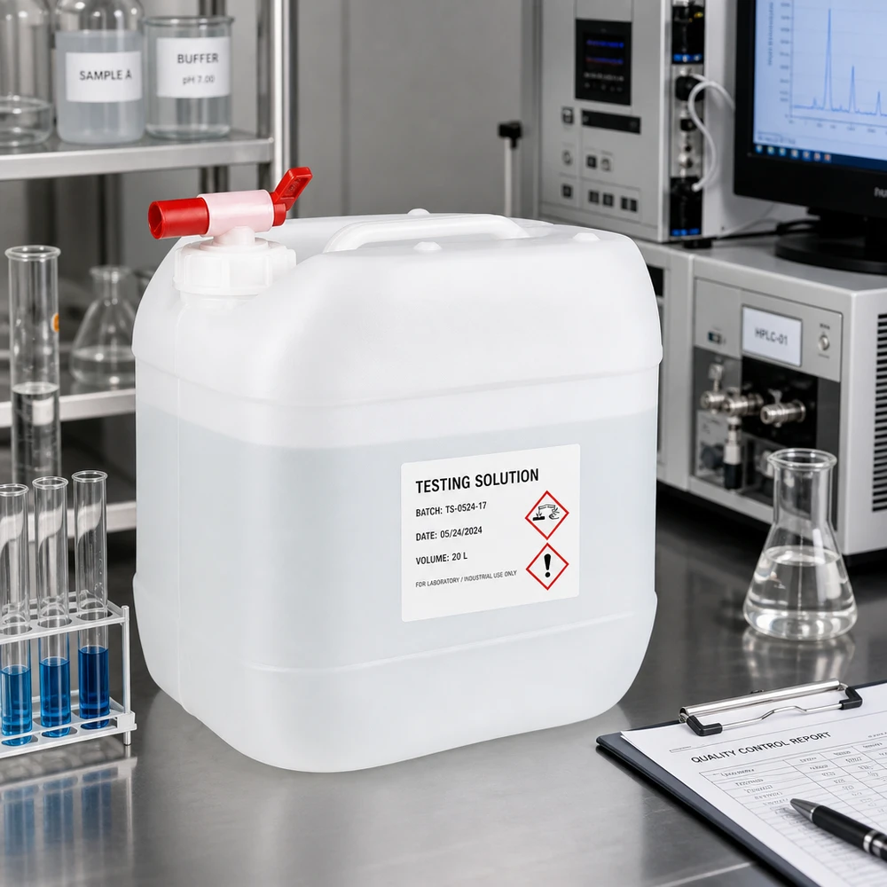 Gelabelde laboratoriumkan van 15 liter met batchnummer, aftapkraan en veiligheidssymbolen