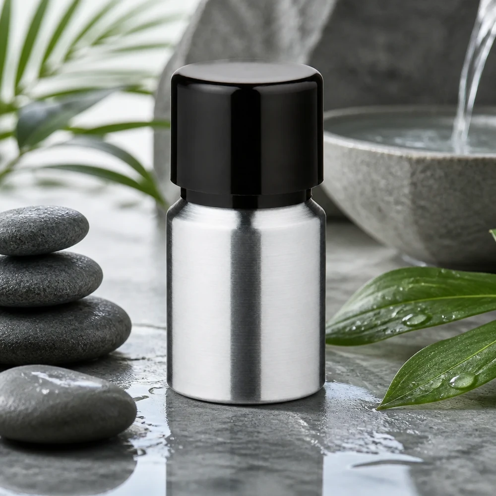 Modern aluminium flesje van 10 ml met industrieel ontwerp en hersluitbare zwarte dop