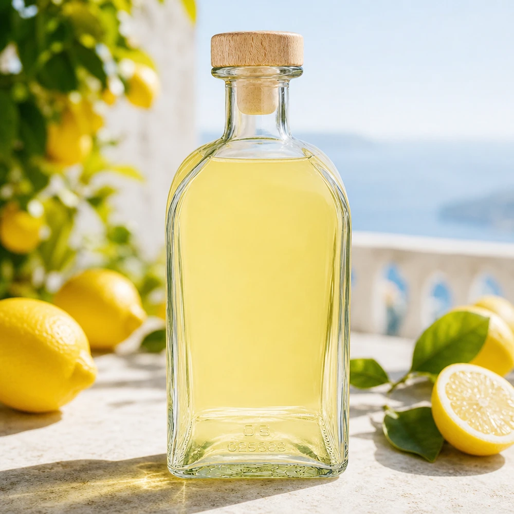 500 ml apothekersfles Julia met houten handvat en kurk UNiTWIST® 500ml Julia glazen fles met houten kurk gevuld met citroenlikeur in een mediterrane setting met verse citroenen