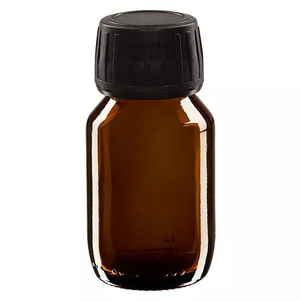 50ml Euro-medicijnfles bruin met zwarte schroefsluiting VR 50ml Euro-medicijnfles bruin met zwarte schroefsluiting VR
