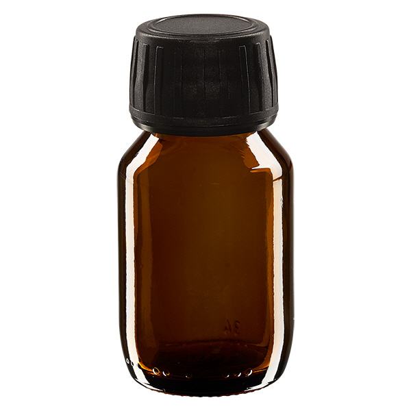 50ml Euro-medicijnfles bruin met zwarte schroefsluiting VR 50ml Euro-medicijnfles bruin met zwarte schroefsluiting VR