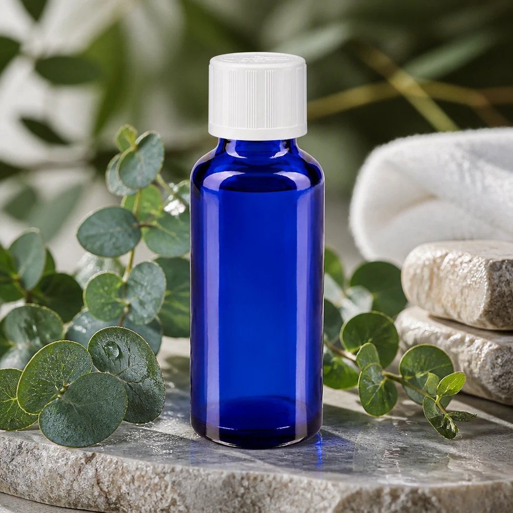 Blauwe glazen flessen 30ml met wit schroefsluiting kinderslot St UV-beschermende apothekersfles, blauw, 30 ml, met witte kindveilige dop voor etherische oliën