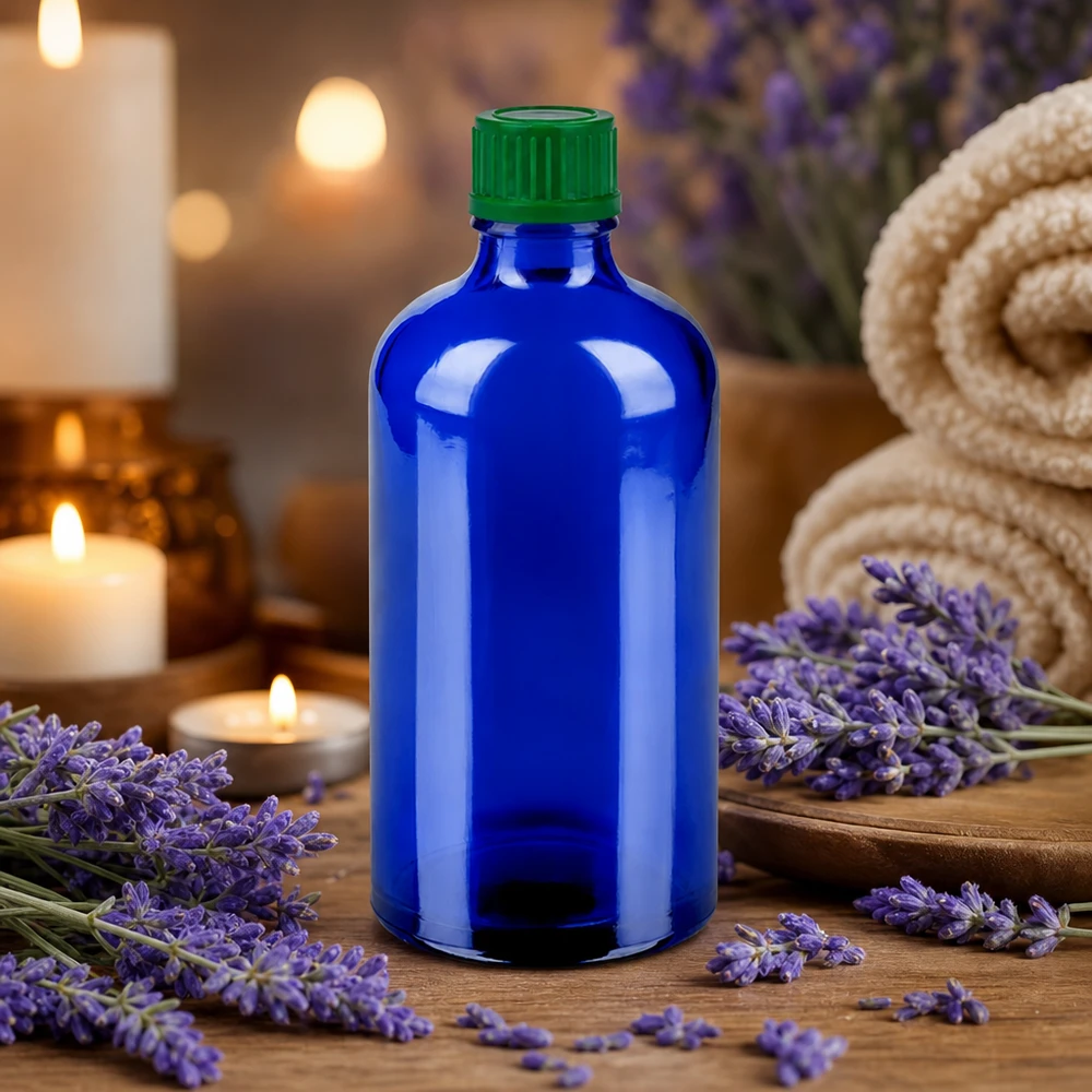 100ml fles 11mm SV groen STD BlueLine UT18/100 Compacte 100 ml fles van UV-beschermend blauw glas voor gevoelige ingrediënten