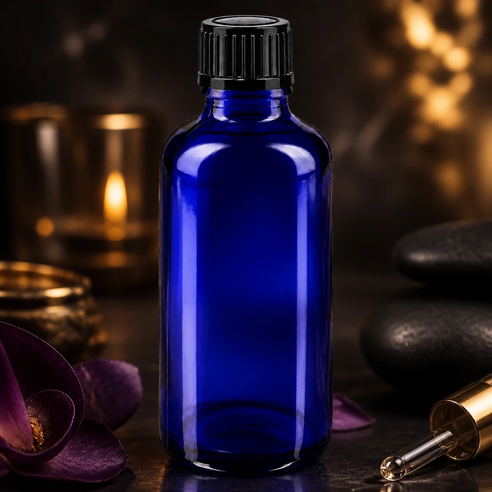 Blauwe glazen flessen 50ml met zwart schroefsluiting St Blauwe geurflesje van 50 ml met zwarte schroefdop bij kaarslicht en helende stenen