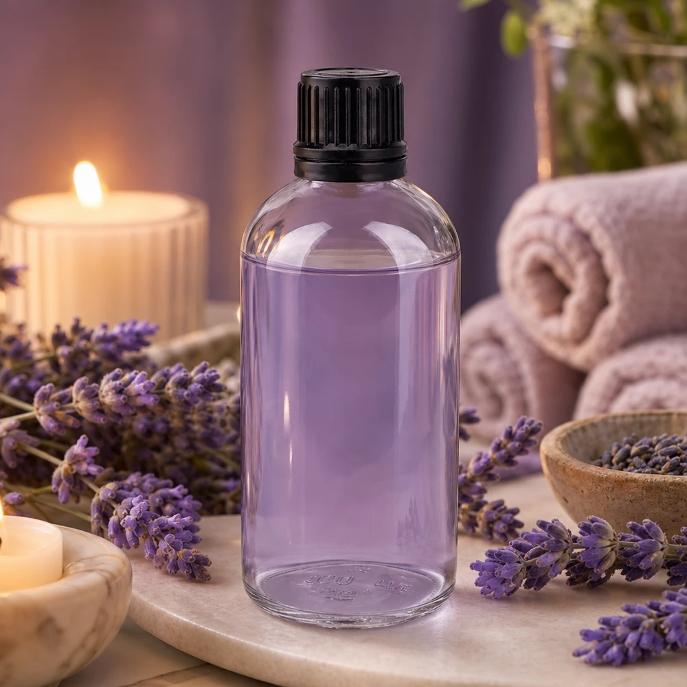 100ml (Globul)Flas. 3mm GR w. STD ClearL. UT18/100 Glazen fles van 100 ml gevuld met lavendelolie, gepresenteerd in een spa-sfeer met kaarsen en handdoeken