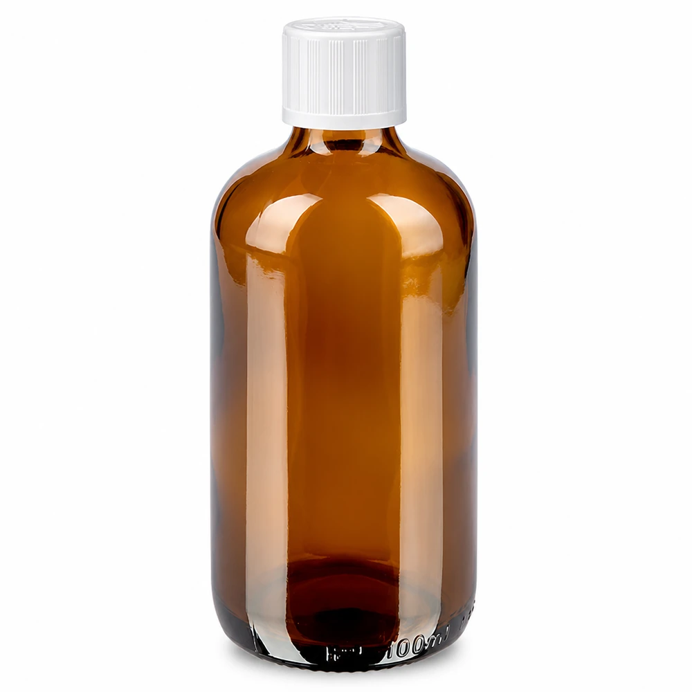 Kleine bruine glazen fles van 100 ml met kindveilige witte dop voor apotheken