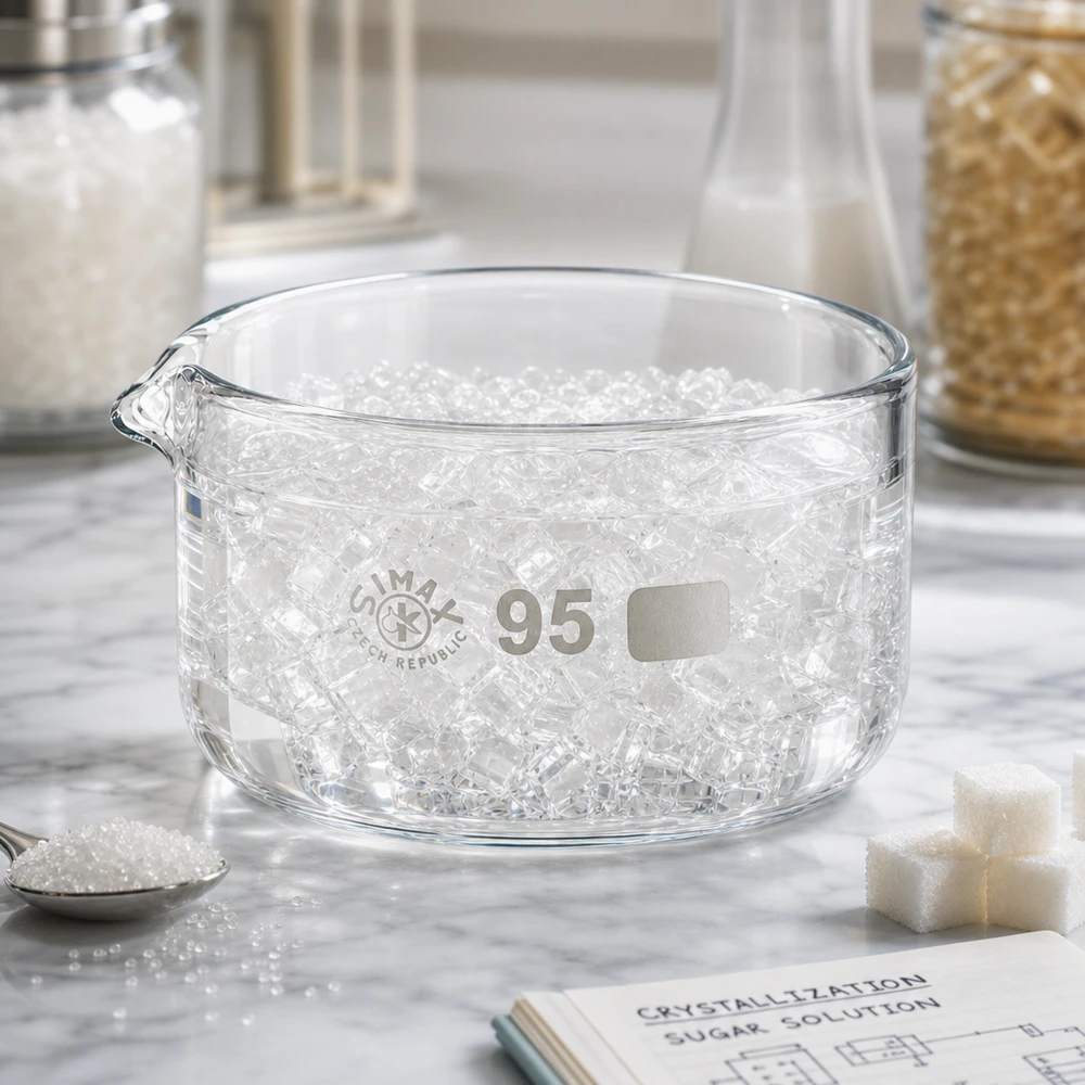 Kristalliseerschaal 300ml met schenktuit Vlakke ronde schaal van borosilicaatglas, 300 ml, met een uitgietmond van ø95 mm, gevuld met een kristallijne substantie