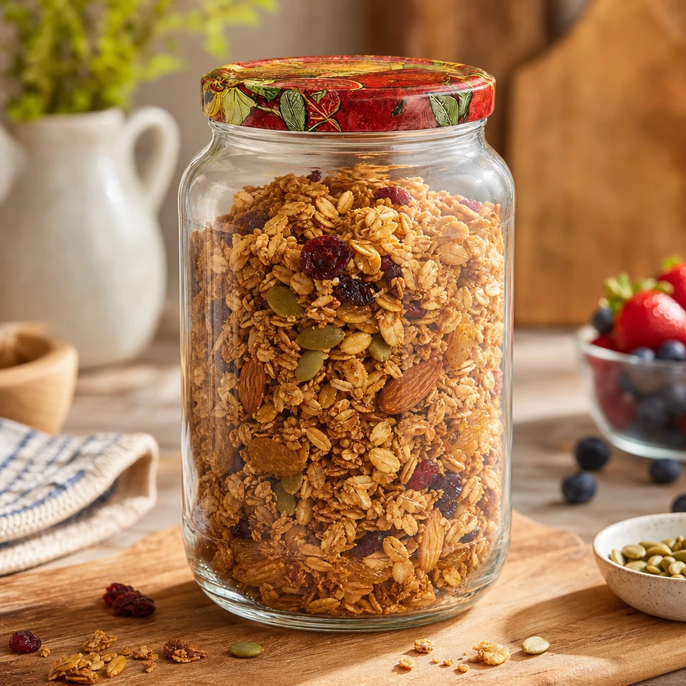 1062ml ronde pot BasicSeal deksel fruit decor gevuld met muesli granola noten gedroogd fruit ontbijt voorraadpot