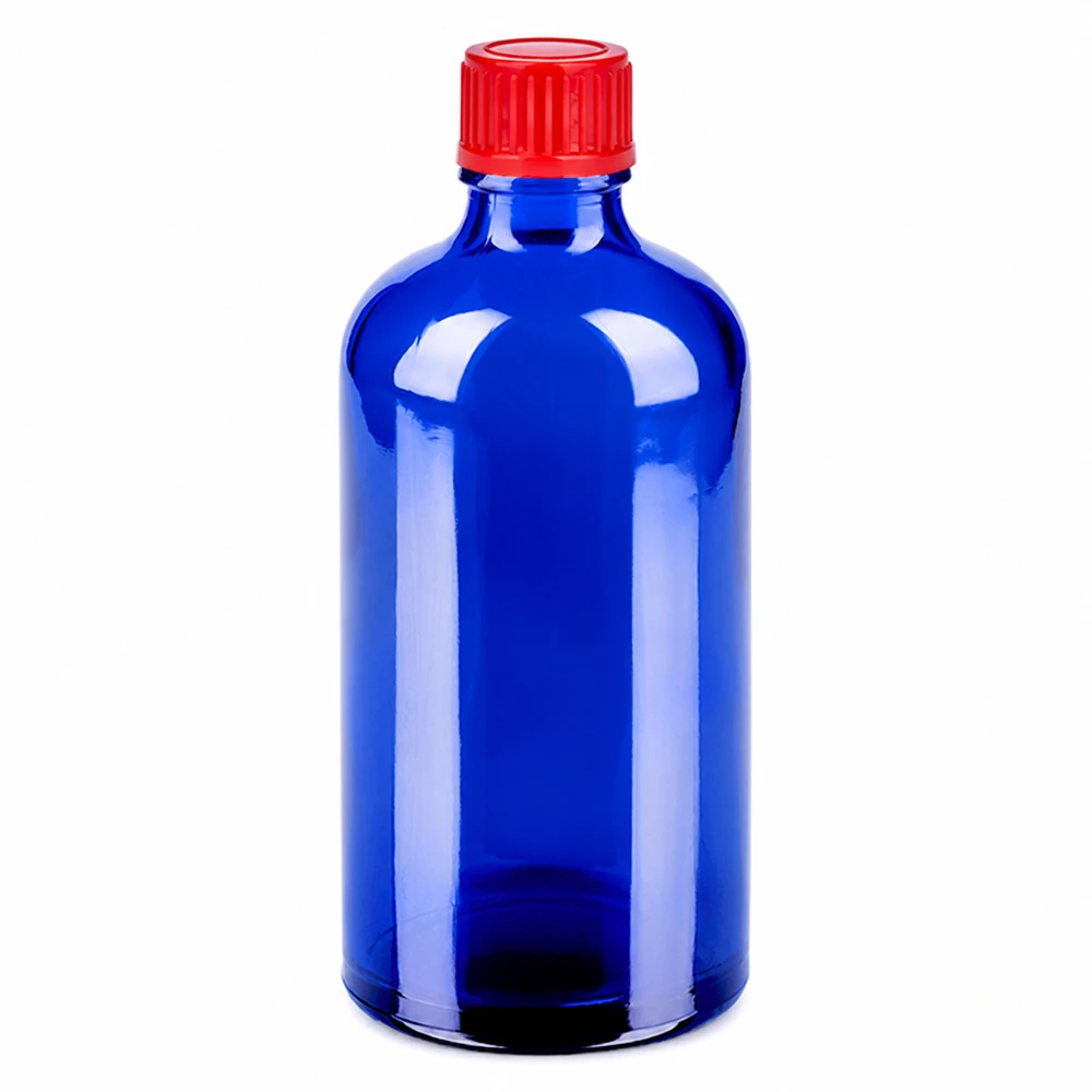 Intens blauwe fles van 100 ml met contrasterende rode dop voor apotheken