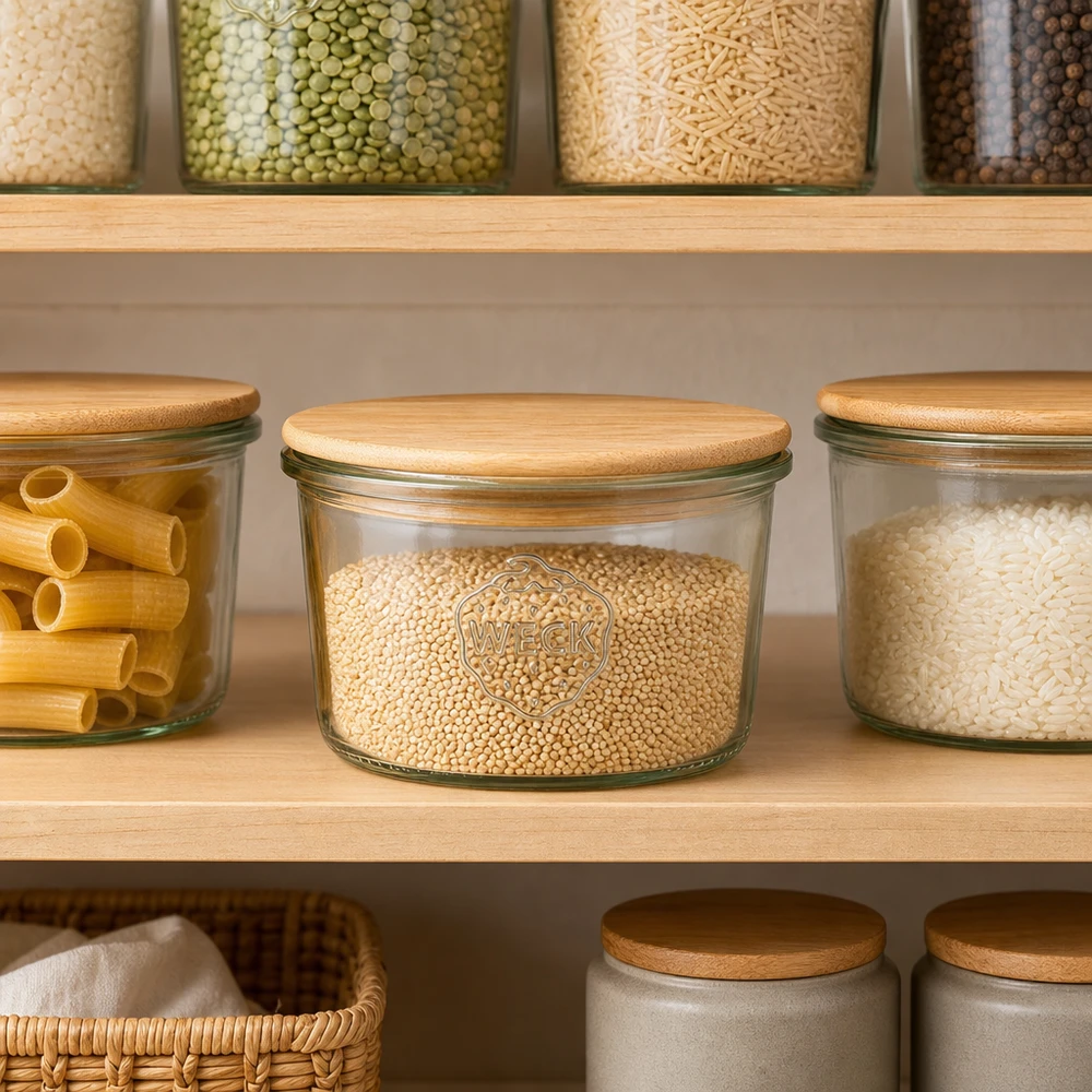WECK-mini stortglas 80ml met hout deksel WECK 80ml RR60 houten deksel voorraad Organiser voorraadkast keukenkast kleine hoeveelheden kruiden granen