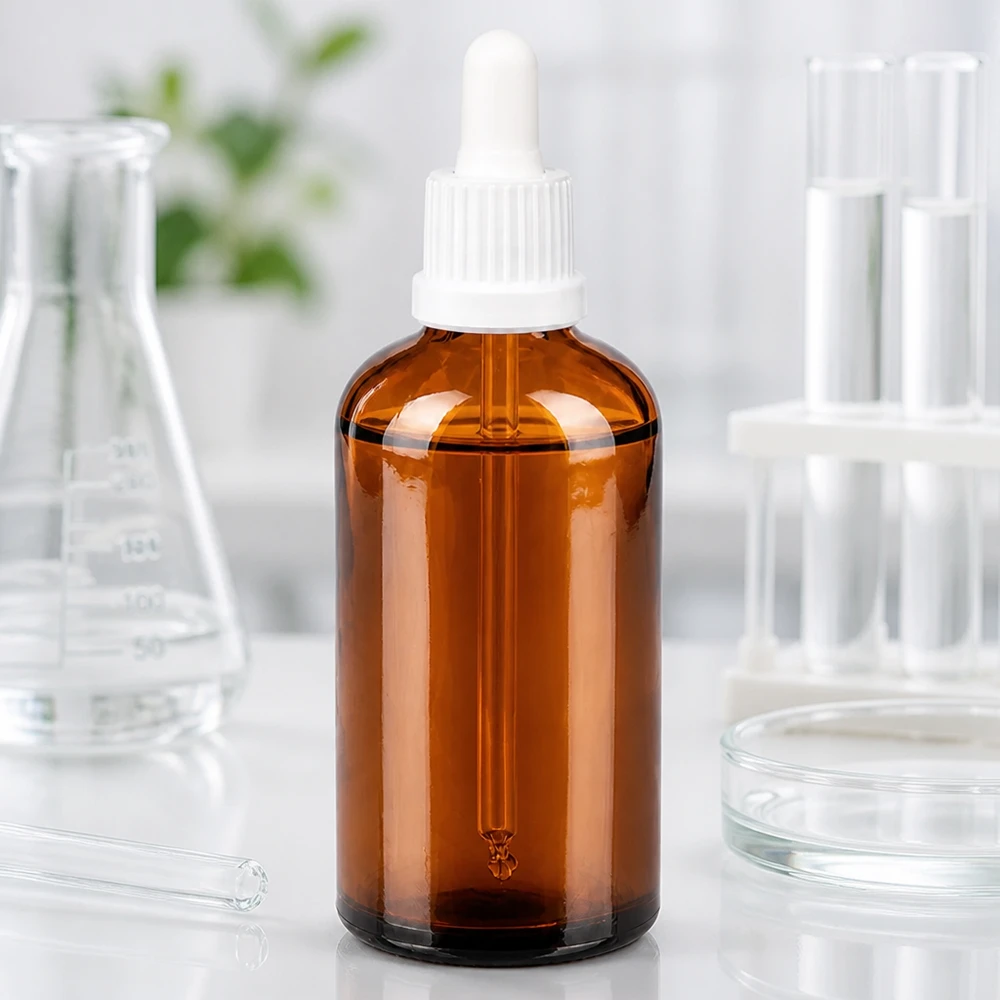 100 ml doseerfles van UV-beschermend amberkleurig glas met ergonomisch wit pipethulpstuk