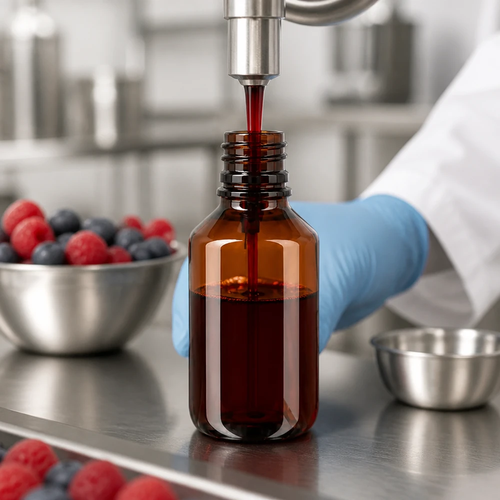 100 ml PET medicijnfles met verstuiver zwart GCMI 28/410 incl. dop transparant, standaard Kleine bernsteinfarbene PET Flasche 100ml mit Zerstäuber schwarz neben frischen Beeren im Labor