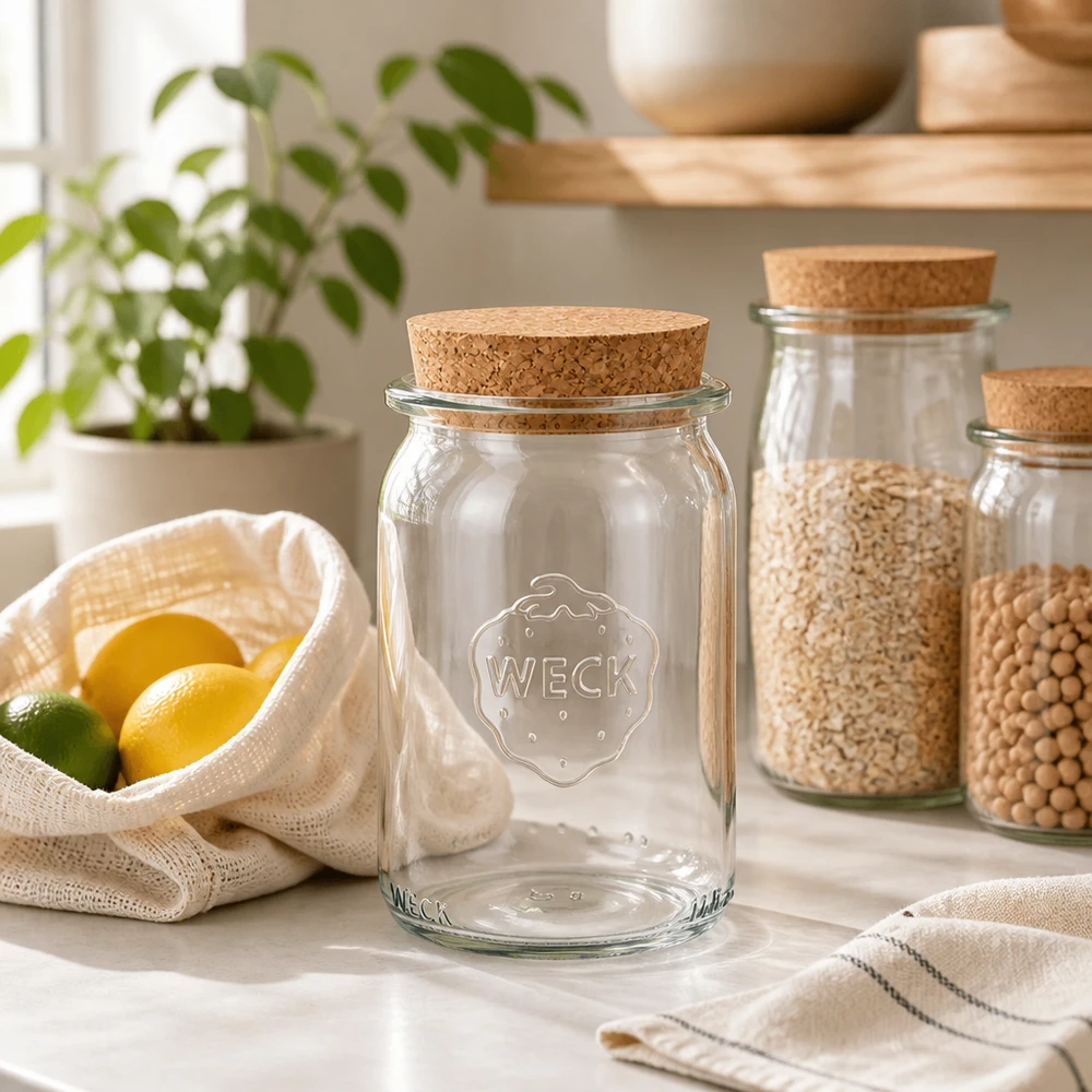 WECK 145ml cilinderpot RR40 leeg met kurken deksel in duurzame zero-waste keuken naast peulvruchten en citrusvruchten