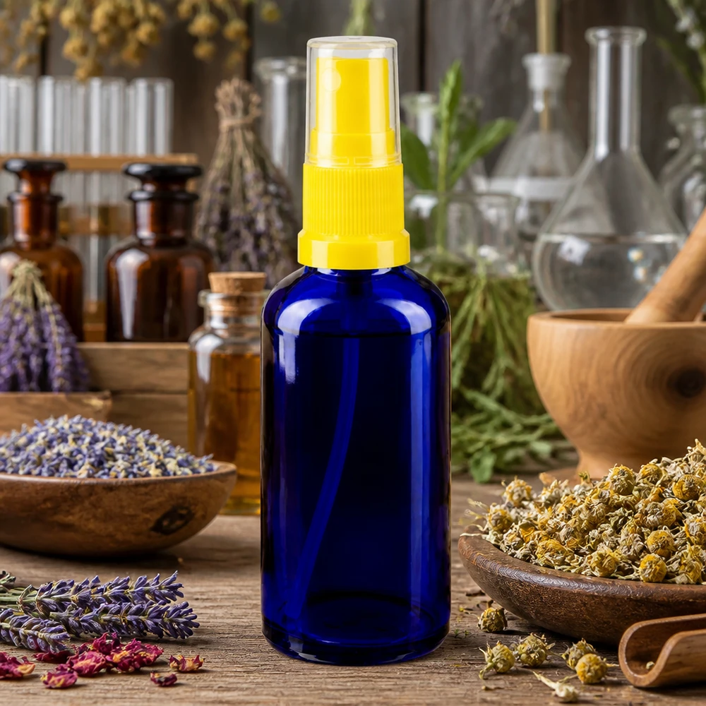 Blauwe UV-bestendige glazen spuitfles van 50 ml met gele verstuiver voor kruidenextracten