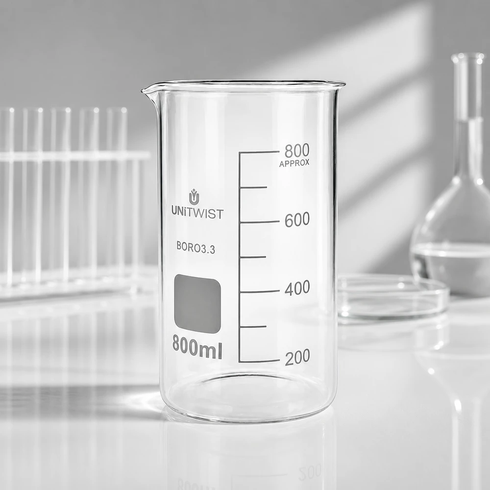 UNITWIST bekerglas 800 ml, borosilicaatglas, hoge vorm, met ruimte voor aantekeningen en milliliteraanduiding