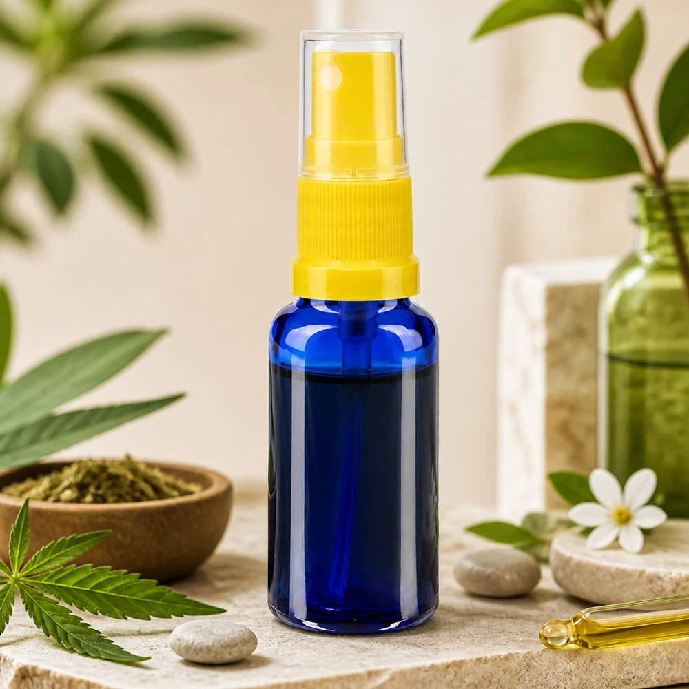 Blauwe glazen flessen 20ml met geel pompverstuiver Spuitfles van 20 ml van blauw glas met doorzichtige beschermdop, ideaal voor etherische oliën