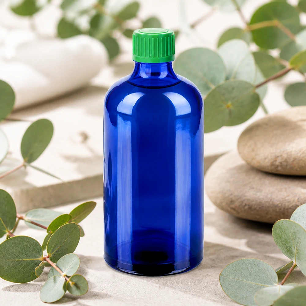 Blauw glazen flesje 100ml met standaard druppeldop voor essentiële oliën en tincturen