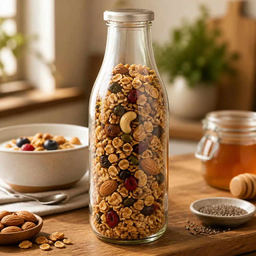 1000ml glazen fles BasicSeal zilver gevuld met muesli noten en gedroogd fruit om droog voedsel in te bewaren.