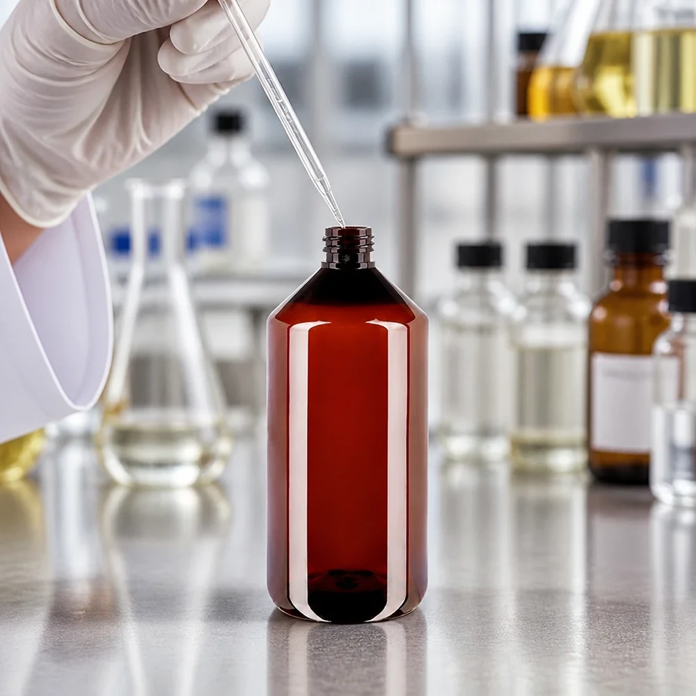 PET fles 1000ml met bruine dop Standaard Pharmaflasche PET 1 Liter braun befüllen mit Tropfpipette Laborumgebung