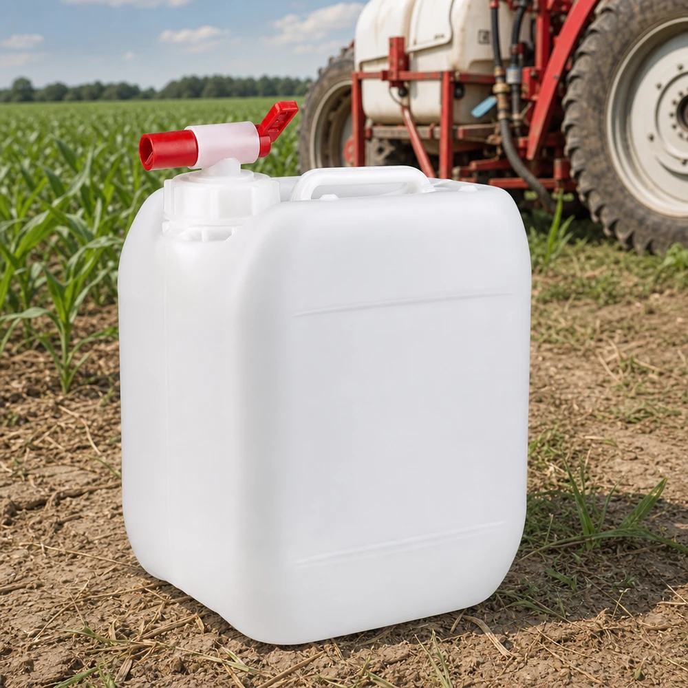 Vierkante witte jerrycan van 5 liter met rode hefboomsluiting voor het uitbrengen van gewasbeschermingsmiddelen
