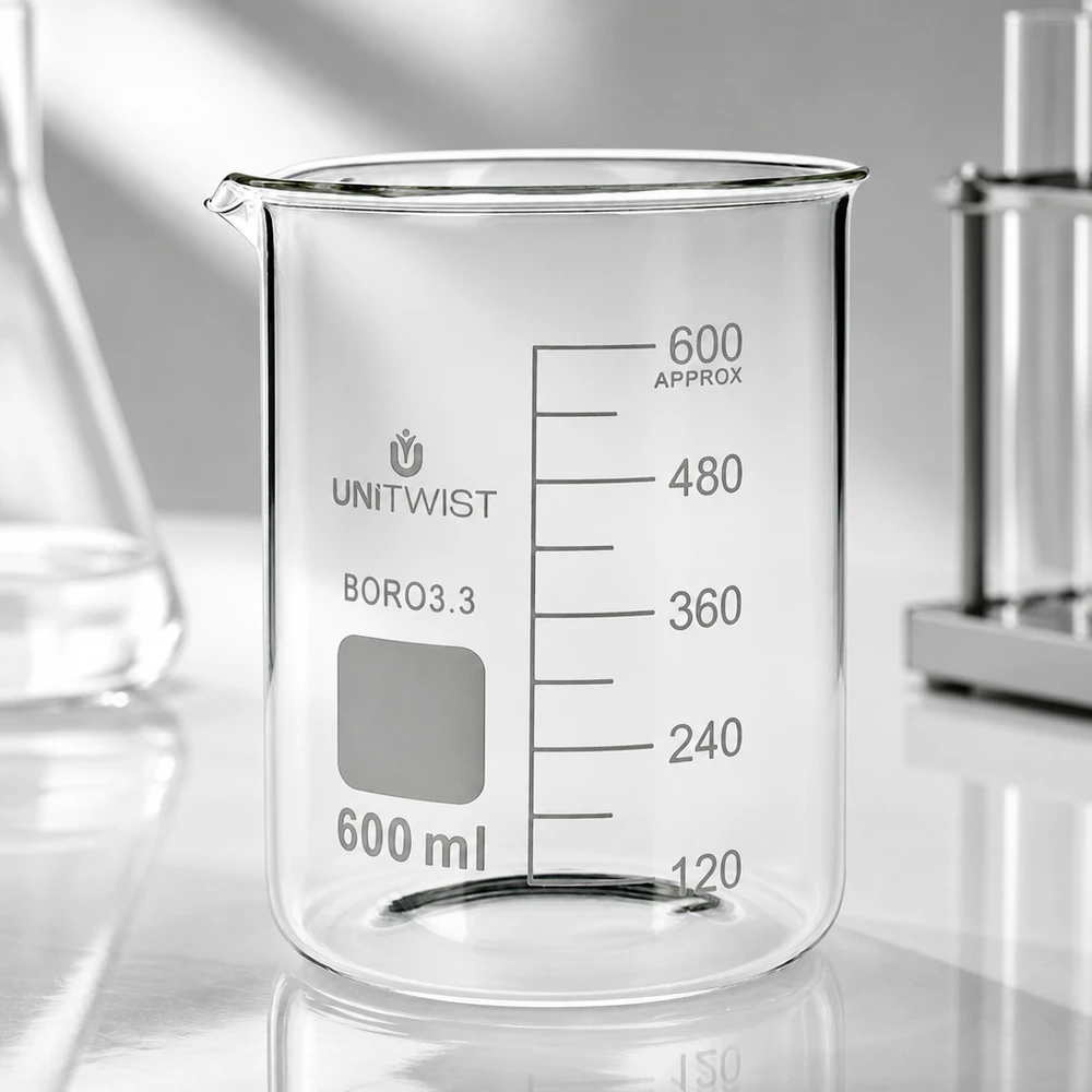 Beker 600ml borosilicaat, lage vorm UNiTWIST UNiTWIST laboratoriumglas 600 ml, lage bekervorm van Boro3.3 met nauwkeurige volumeschaal tot 600 ml