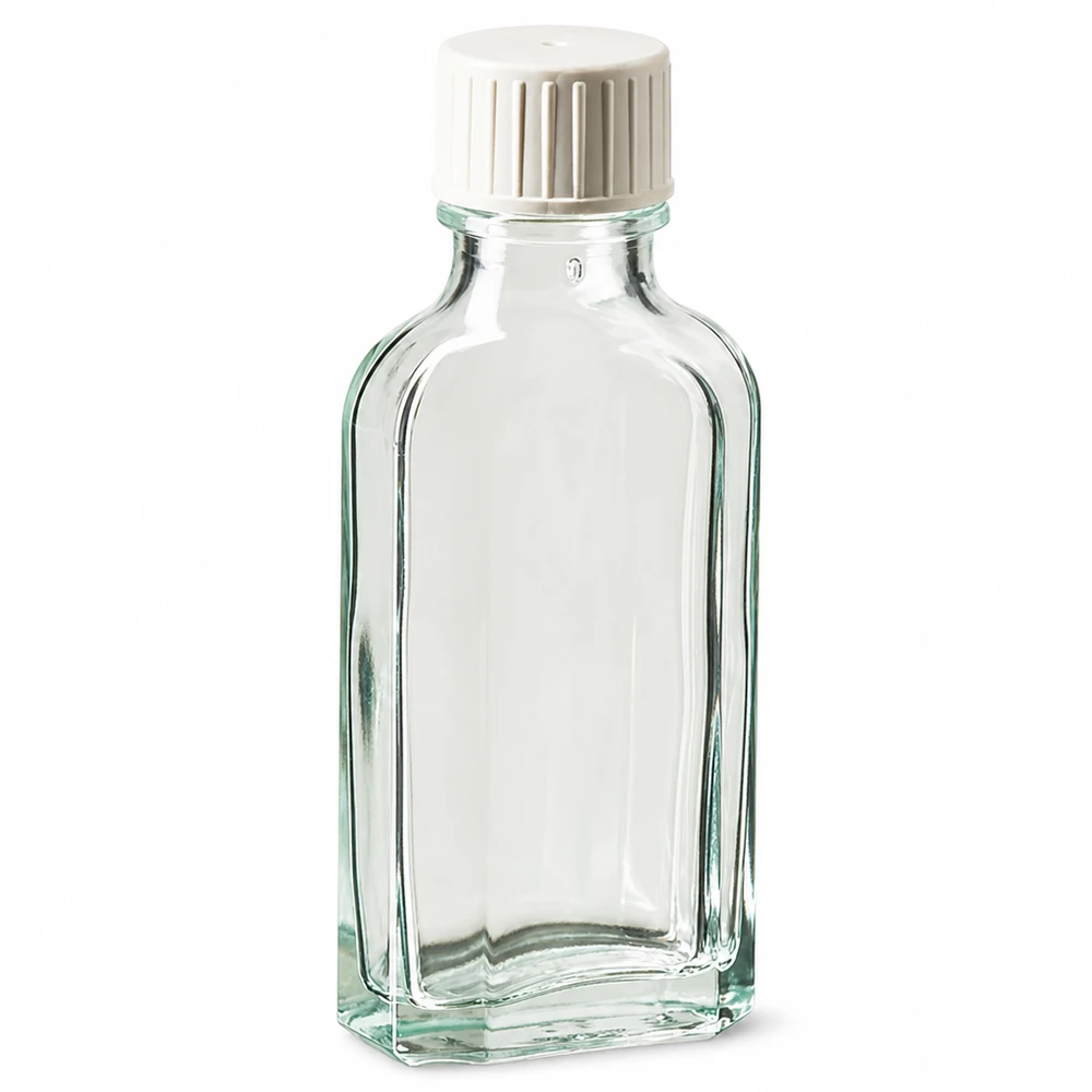 Rechthoekig apothekersflesje van helder glas, 50 ml, met witte schroefdop