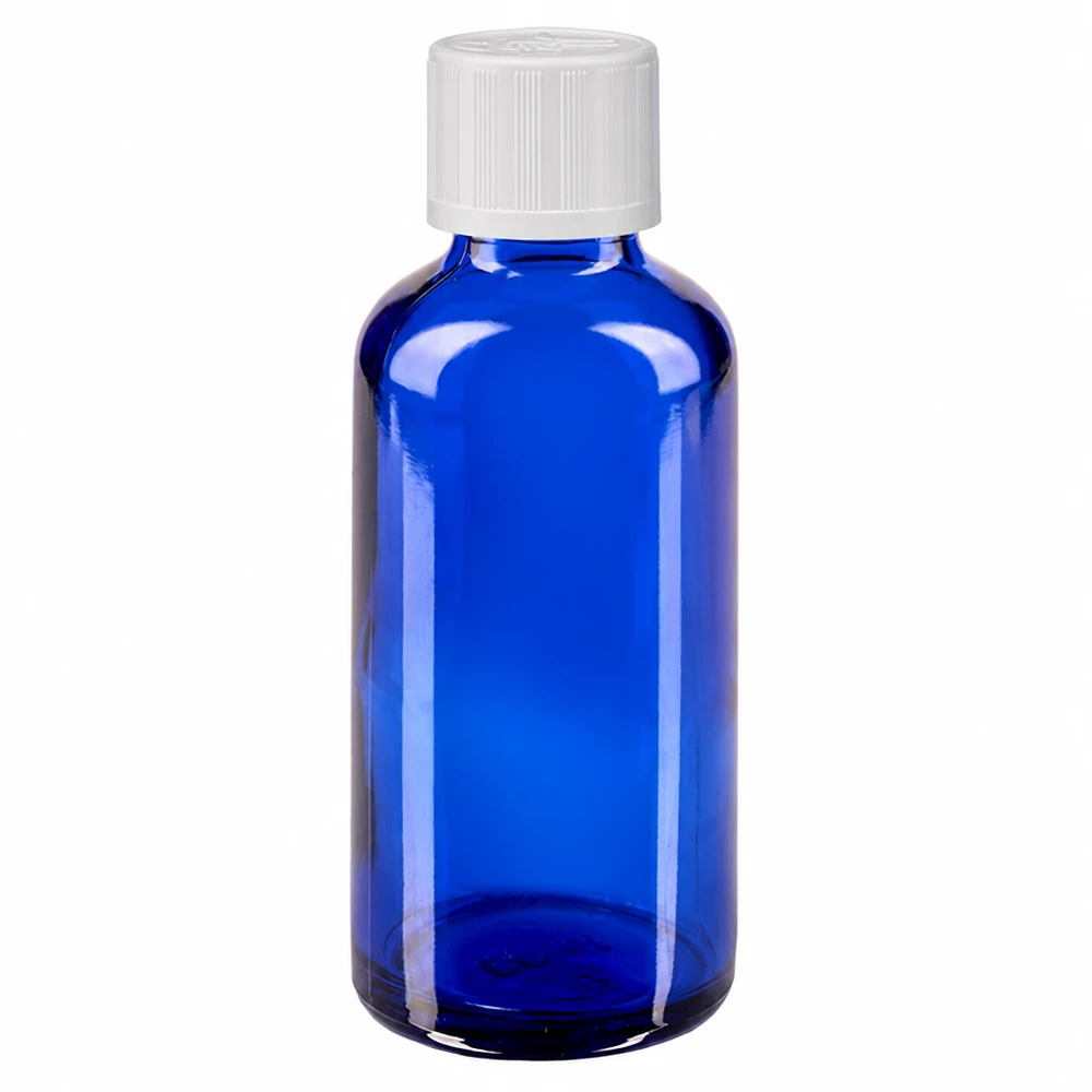 Blauwe glazen flessen 50ml met wit druppelsluiting kinderslot St Apothekersflesje 50 ml, blauw, met druppelaar van 1,2 mm en witte veiligheidssluiting KiSi