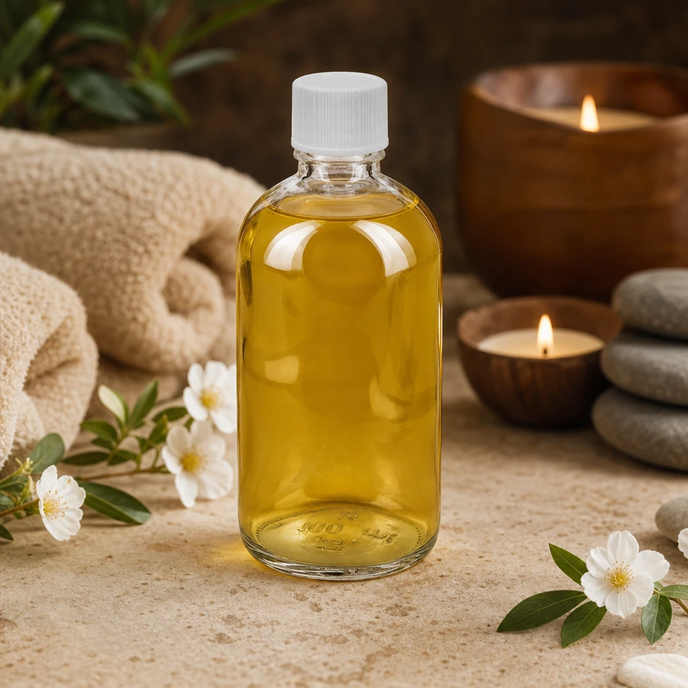 Massageolie in een doorzichtige glazen fles van 100 ml met een witte veiligheidsdop SV 11 mm STD