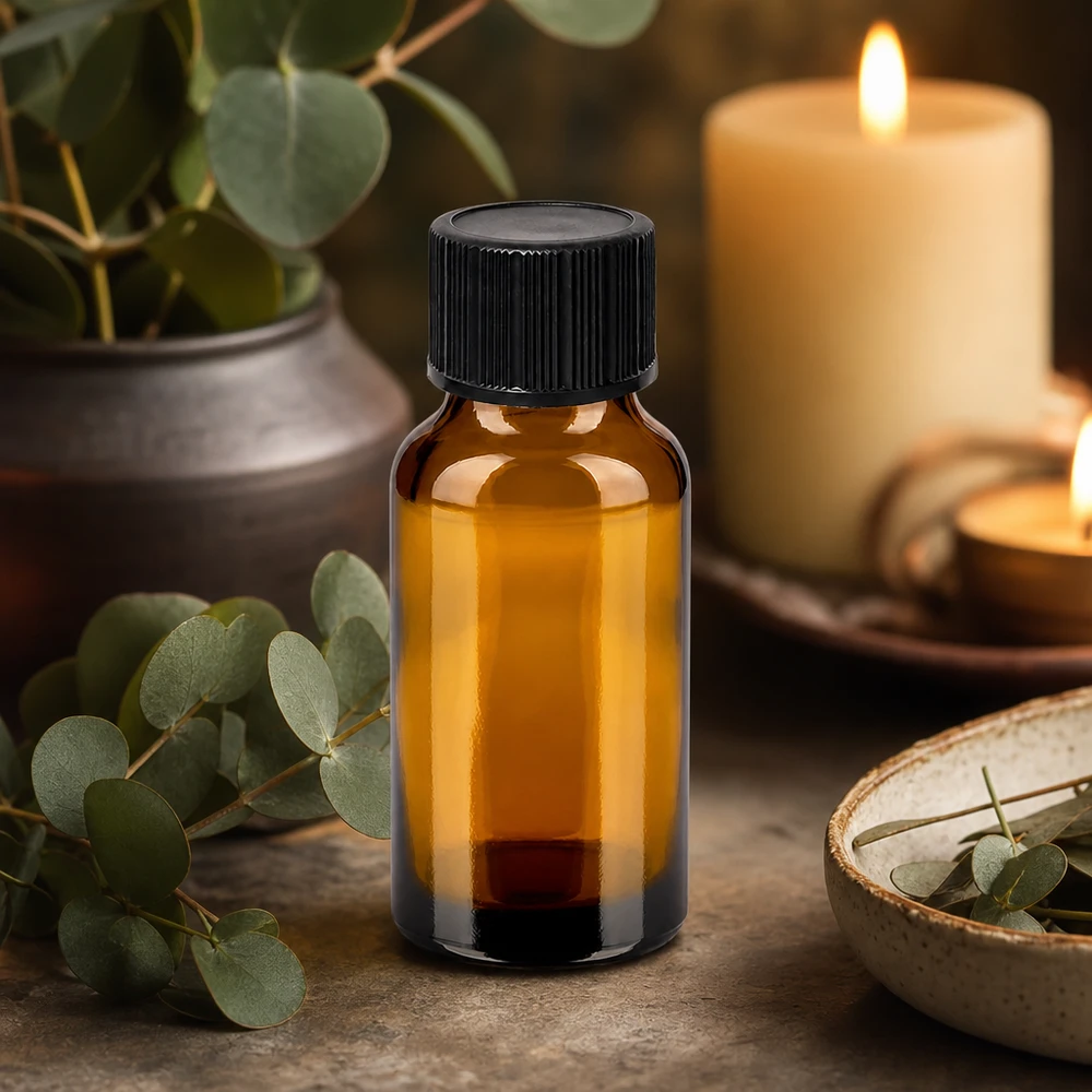 Compact amberkleurig glazen flesje van 20 ml voor het bewaren van lichtgevoelige stoffen