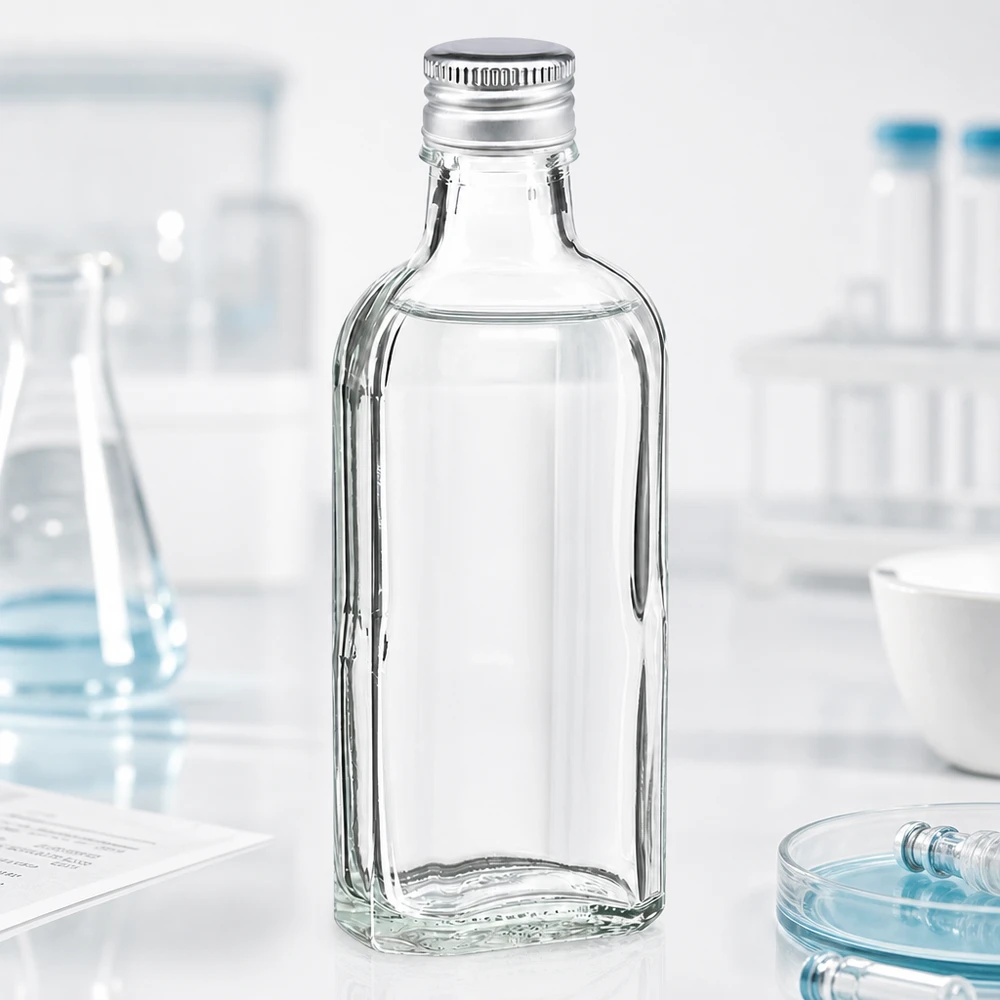 100 ml Meplat helder met aluminium dop zilver PP22 Hoogwaardige Meplat-glazen fles van 100 ml, transparant, met metallic schroefdop PP22 – zijaanzicht