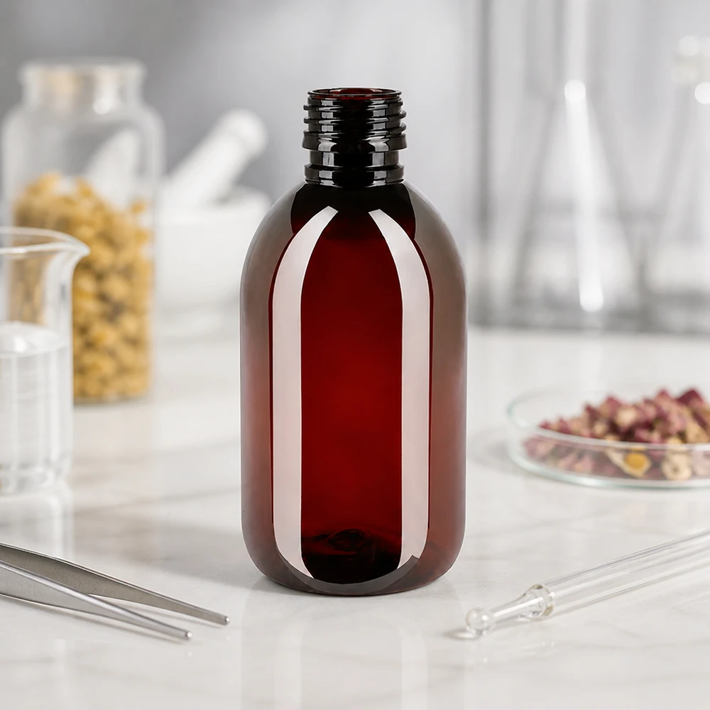 PET fles 250ml PP28 zonder dop Stevige voorraadfles van 250 ml, gemaakt van amberkleurig PET, geschikt voor vloeistoffen en oliën