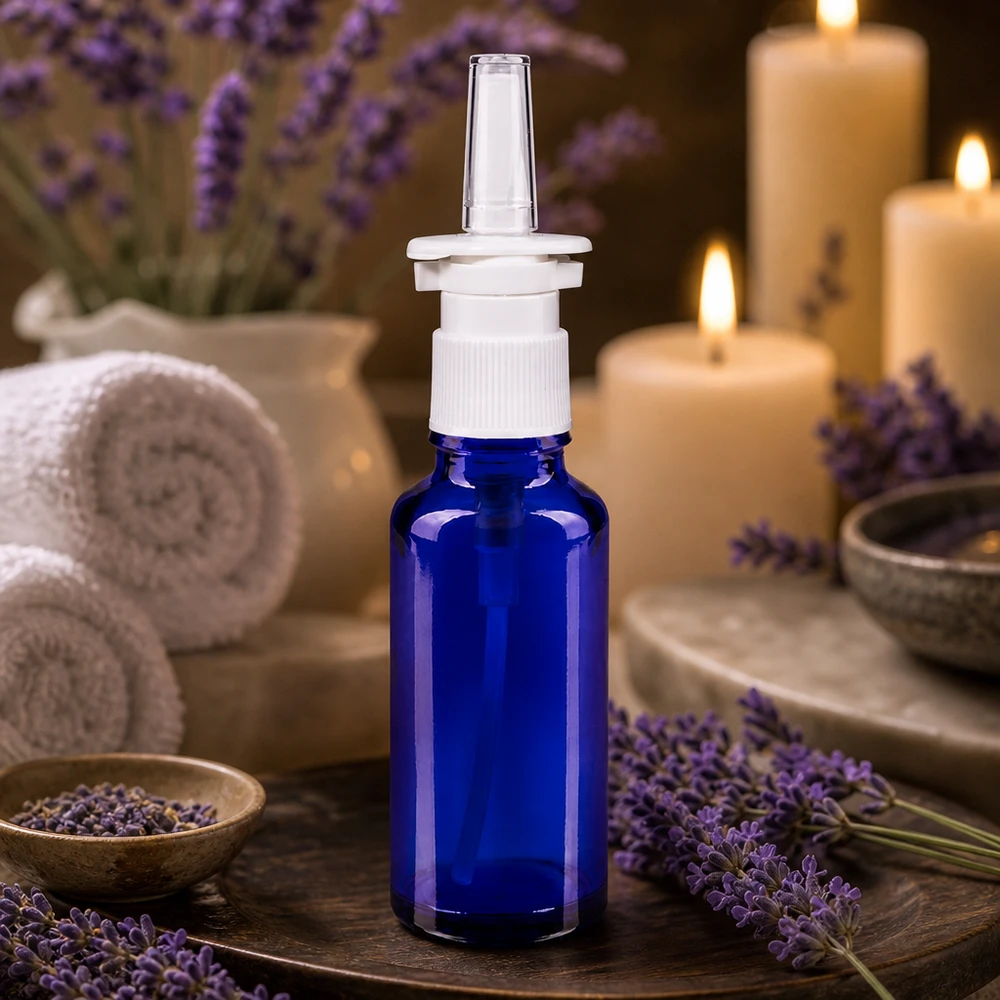 Blauwe glazen flessen 30ml met neusverstuiver Hoogwaardig apothekersglasflesje van 30 ml, kobaltblauw, voor neusgebruik, met doseerpompje