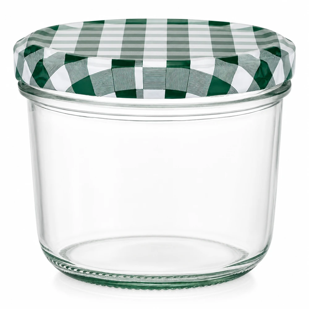 230 ml beker met groen en wit BasicSeal deksel geblokte transparante inmaakpot jampot