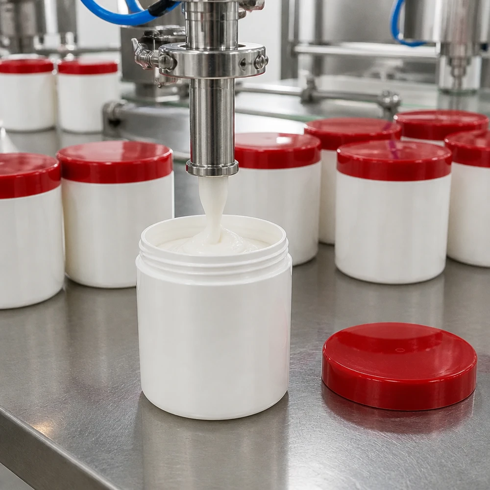 Zalfpot 75 g wit met rood schroefdeksel (PP) Meerdere witte PP-kruiken van 75 g met rode deksels op een industriële afvulband