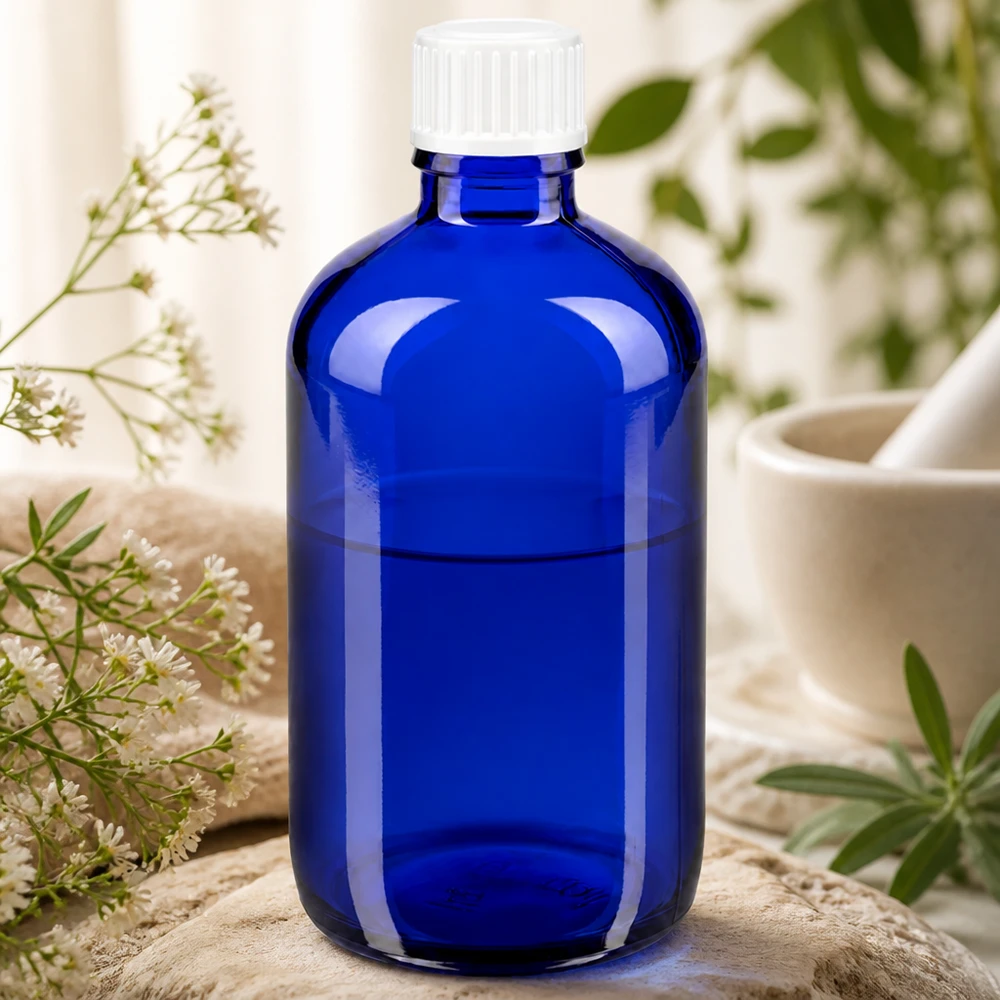 Blauwe glazen flessen 100ml met wit schroefsluiting globuli uitgietring St Hoogwaardige blauwe GR-fles van 100 ml, apothekersglas met een opening van 3 mm voor natuurgeneeskunde